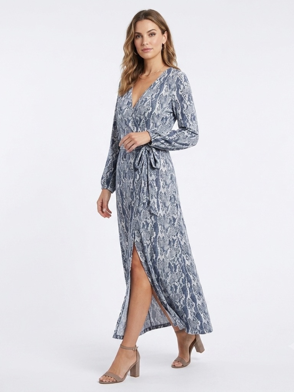 Eloquii Python Print Long Sleeve Maxi Wrap Dress Blue Gray White Sz 16 NWT